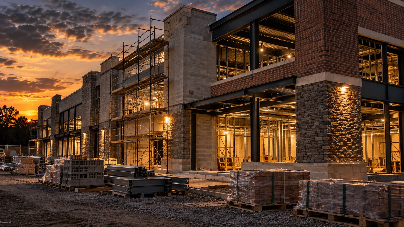 Concept illustration of an active masonry and construction site at dusk